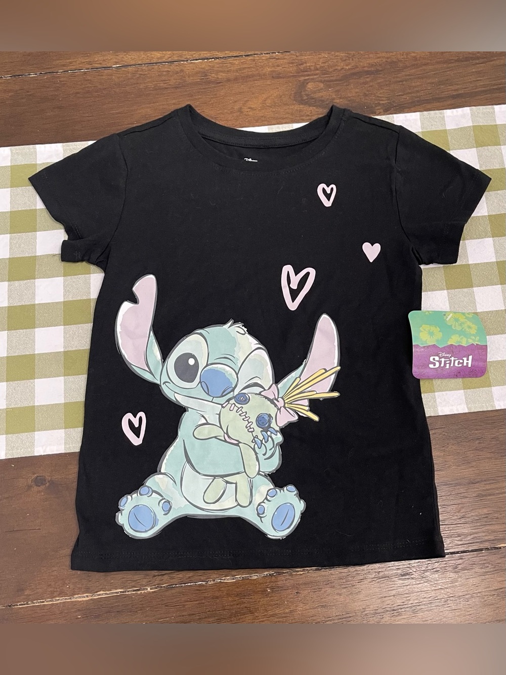 Disney Black Tee with Pastel Stitch and Pink Hearts